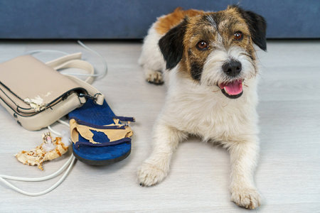 Close-up Jack Russell Terrier looks at the camera, to the left of him are torn bag and flip-flops, bitten off wires. The dog was home alone and bored.の写真素材