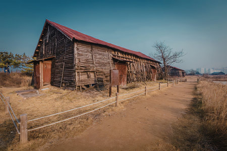 A weathered wooden barn with a red metal roof stands in a rural setting, surrounded by a dirt path and a wooden fence.の写真素材
