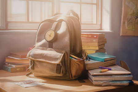 A brown backpack with a clock on it sits on a wooden desk surrounded by stacks of books, pencils,...