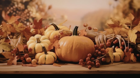 A vibrant arrangement of pumpkins, fruits, and autumn leaves on a wooden table, evoking a sense of...