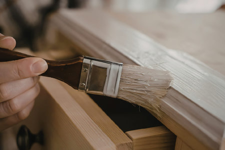 A person's hand holding a paintbrush, applying paint to a drawer.
