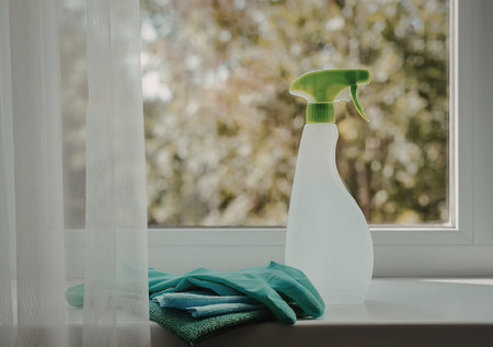 A bottle of cleaning solution and a green cloth on a windowsill with a view of trees outside