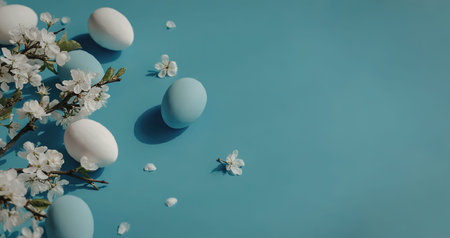 A serene Easter-themed arrangement featuring blue and white eggs surrounded by delicate white...