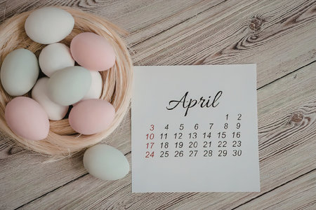 A small wicker basket filled with pastel-colored Easter eggs sits on a wooden surface next to a...