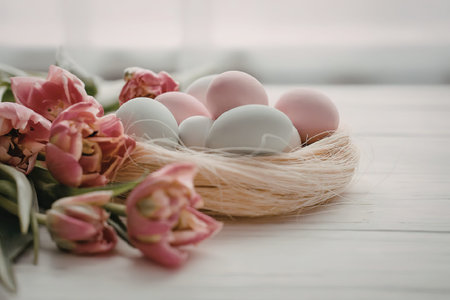 A close-up view of a woven basket filled with pink and blue Easter eggs, accompanied by a bouquet of...