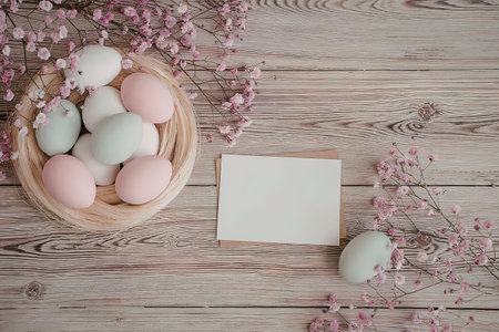 A basket of colorful Easter eggs on a wooden table surrounded by pink flowers.