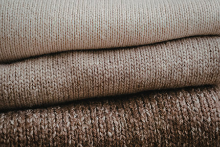 A stack of folded brown knitted fabrics with varying shades and textures.