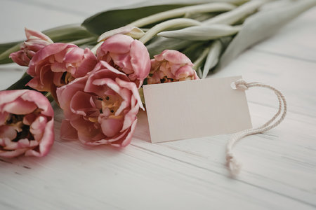 A bouquet of pink tulips with green stems and leaves, accompanied by a blank gift tag on a white...