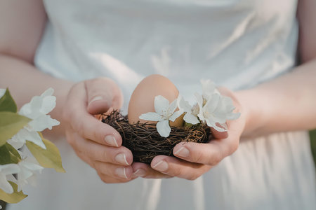 A woman in a white dress gently holds a brown egg in a nest adorned with white flowers, symbolizing...