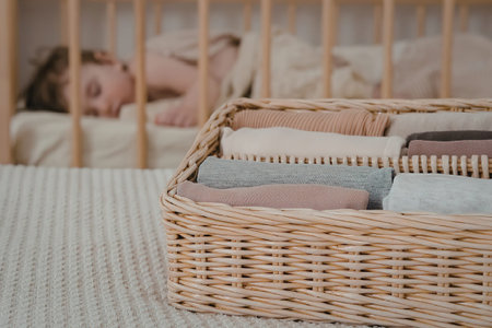 A wicker basket filled with neatly folded clothes sits on a bed, with a sleeping child visible in...