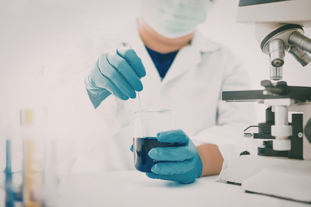 A scientist wearing a lab coat, gloves, and a face mask works with a microscope and a petri dish in...