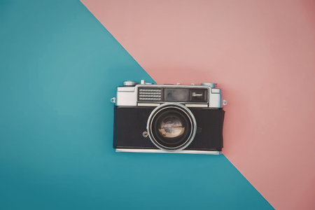 A black camera with silver accents sits on a blue and pink background