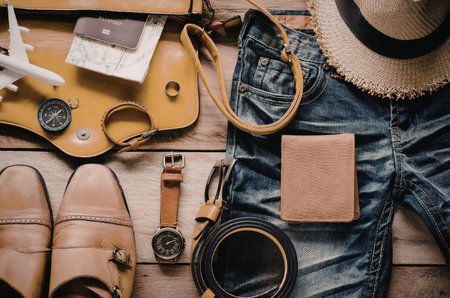 A collection of travel essentials including a leather bag, shoes, denim jeans, a straw hat, and...