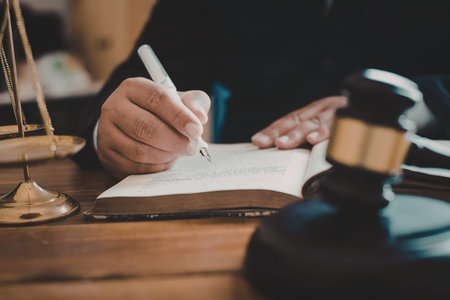 A person in a suit signing a document at a desk with a gavel and scales of justice nearby.