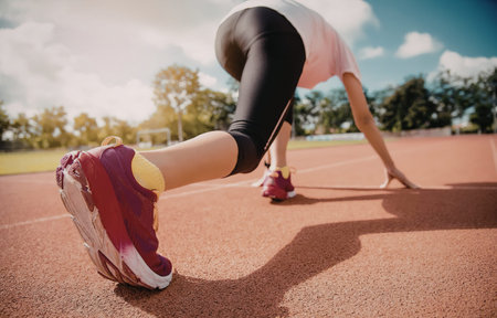 A woman in athletic gear prepares to sprint on a running track with a focused stance.