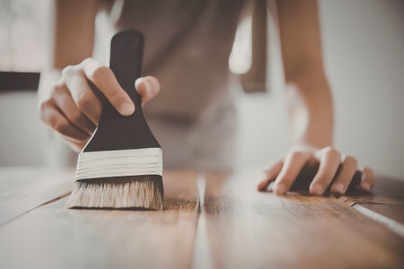 A person applying a wood finish to a table using a brushの写真素材