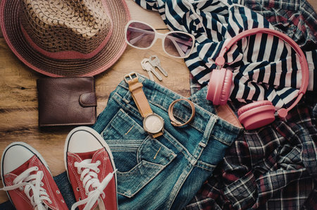 A collection of fashion accessories including a hat, sunglasses, wallet, shoes, watch, headphones,...