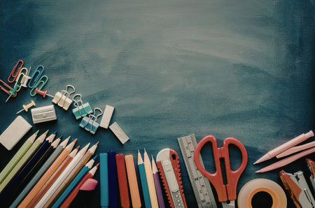 An assortment of vibrant school supplies arranged on a chalkboard background, including pencils, crayons, scissors, and more.の写真素材