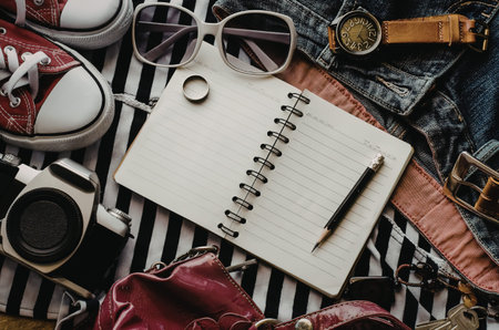 A collection of fashion accessories including sneakers, sunglasses, a watch, a notebook, and a pen...