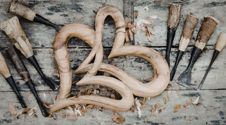 An image of a snake coiled on a wooden surface surrounded by several tools.