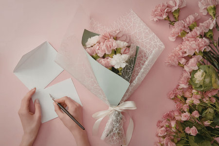 A bouquet of pink and white flowers wrapped in green paper and a ribbon, with a hand writing a note...