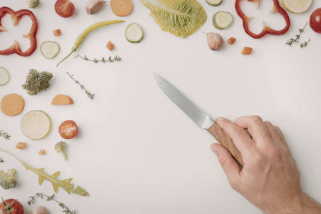 A hand holding a knife surrounded by various vegetables on a white surface
