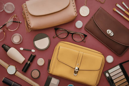 An assortment of beauty products and wallets arranged on a pink surface