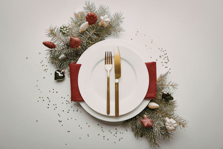 a white plate with a red napkin and a fork and knife on a christmas themed table setting