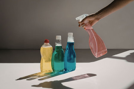 A hand holding a pink spray bottle with three colorful cleaning bottles on a white table.