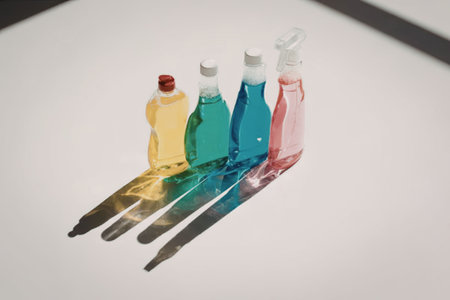 Four bottles of colorful liquid on a white surface with shadows
