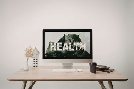 A computer monitor on a wooden desk displays a health theme with a mountain background and the word...