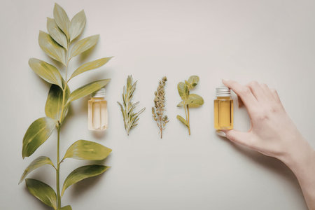 A hand holding a bottle of essential oil with various herbs and leaves
