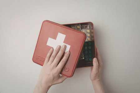 a first aid kit with a white cross on a red background being opened by two hands