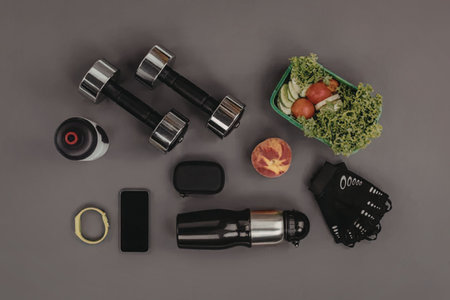 A collection of fitness essentials and healthy snacks laid out on a gray background