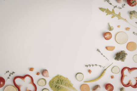 A colorful arrangement of various vegetables scattered across a white background, forming a border...