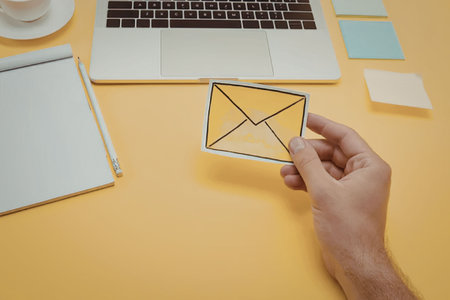 A hand holding a yellow envelope on a yellow desk with office supplies and a laptop.