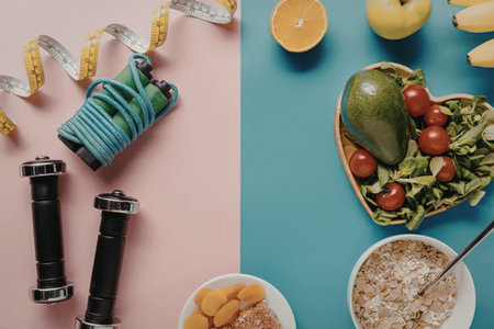 A split image showing fitness equipment on one side and healthy food on the other