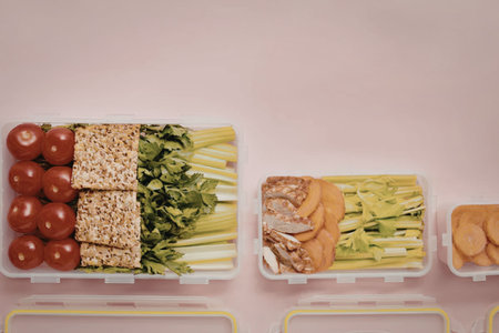 Three containers filled with healthy food including vegetables, grains, and fruits on a pink...
