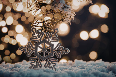 a snowflake decoration hanging from a christmas tree branch with lights in the background