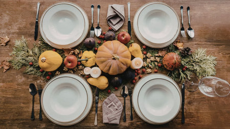A beautifully set dinner table with a variety of fruits, bread, and wine glasses, perfect for a...