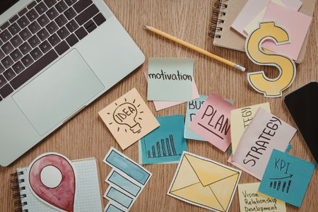A workspace with a laptop, sticky notes, and a pencil on a wooden desk, representing planning and...