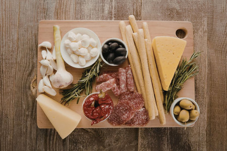 A charcuterie board with various foods including cheese, meat, olives, and breadsticks.