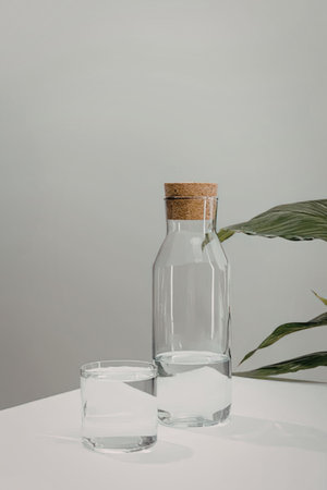 A clear glass bottle with a cork stopper and a small glass on a white table with a plant in the background.の写真素材