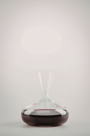 A clear glass decanter filled with red wine on a white background