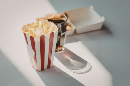 A red and white striped paper cup filled with french fries on a white surface.