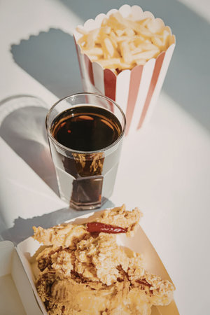 A fast food meal consisting of fried chicken, french fries, and a glass of soda, placed on a white...