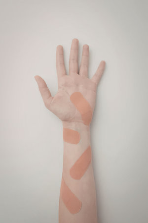 An image of a human hand with several bandages of varying sizes on the arm.の写真素材