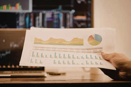 A hand holding a paper with graphs and charts in front of a computer screen displaying more graphs...