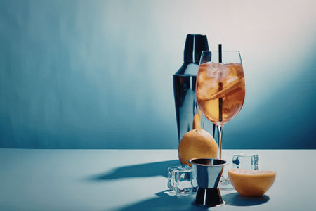 A stylish setup featuring a wine glass filled with a brown liquid and ice, accompanied by a bottle,...
