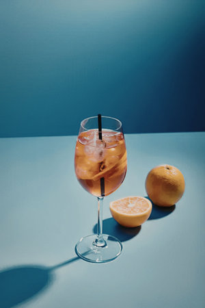 An Aperol Spritz cocktail in a wine glass with ice and a black straw, accompanied by a whole orange...